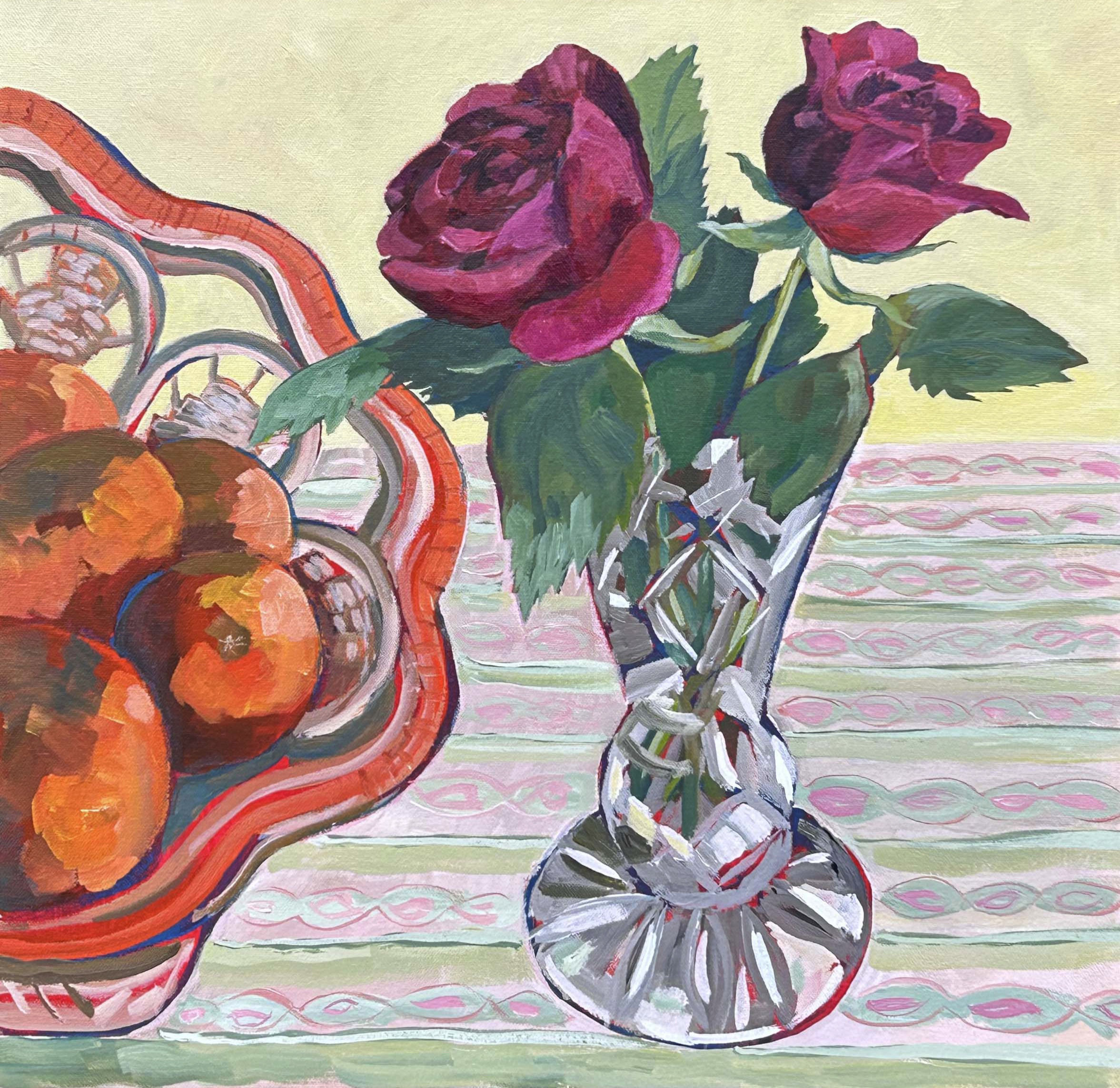 Red roses in a crystal vase -acrylic painting on canvas