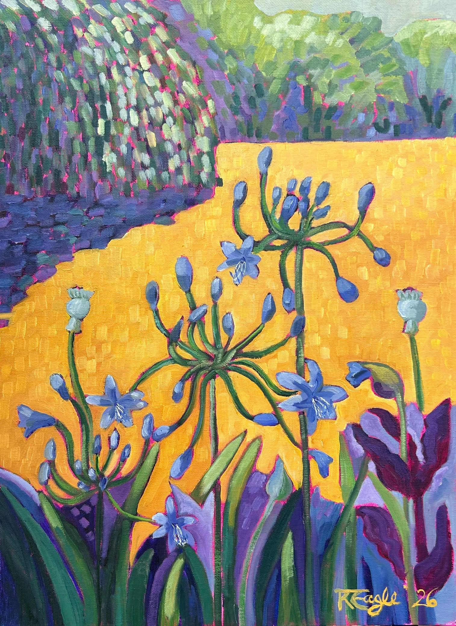 giclee print of painting of agapanthus with a yellow lawn and weeping willow by Katrin Eagle