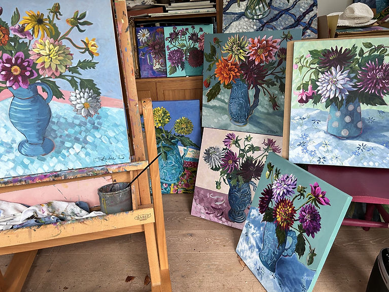 Katrin Eagle studio interior showing a selection of paintings