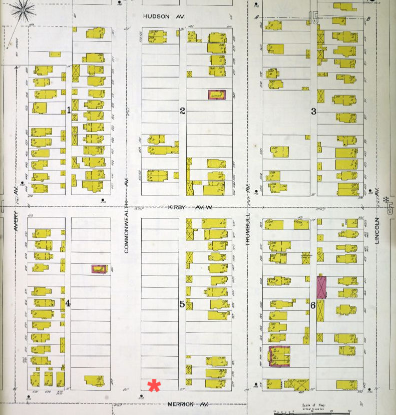 1897 - Sanborn Map; The red * is the lot of [436] 5202 Commonwealth. The home is located in-between Putnam Ave and Merrick Ave - on the SE corner of Merrick and Commonwealth. 
