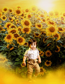 Baby boy celebrating first birthday with sunflower theme and warm yellow tones in Orlando.