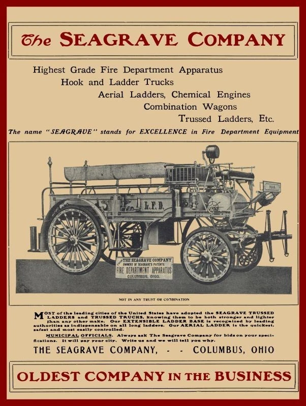 1905 Seagrave Fire Apparatus Advertising Sign. Founded in Detroit, Michigan, Seagrave moved to Columbus in 1891 and remained there until 1963, when the company was purchased by FWD and moved to Clintonville, WI, where it remains today and continues to design and manufacture firefighting apparatus.