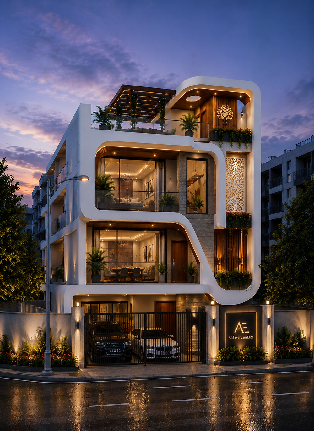 Luxury triplex house elevation in Chennai with modern architecture and premium exterior design