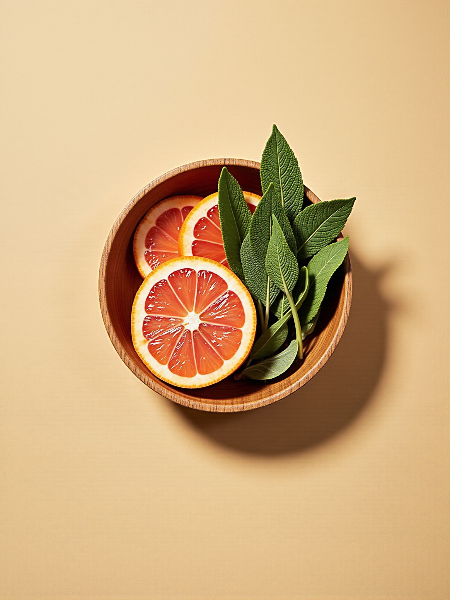 Wooden bowl with grapefruit slices and sage leaves