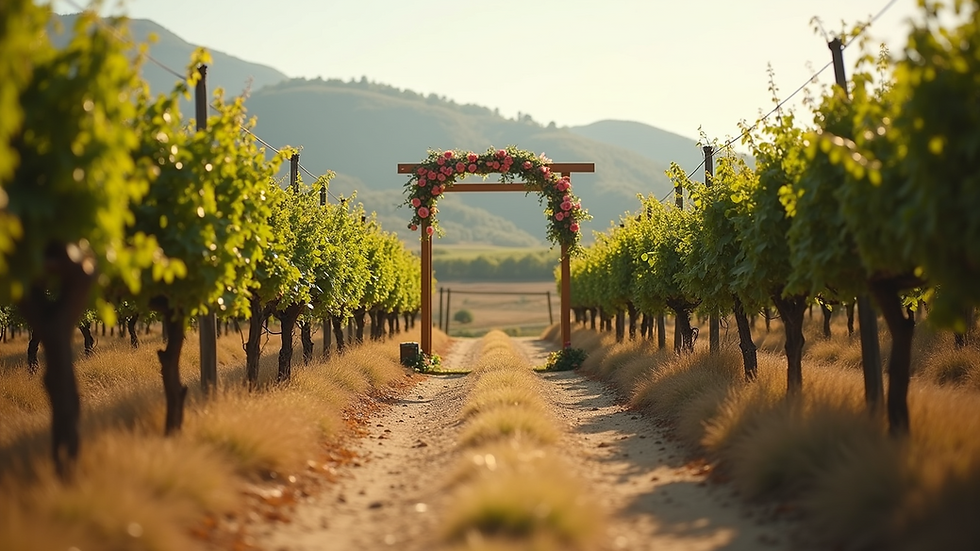 Eye-level view of beautifully arranged wedding setup amidst vineyards