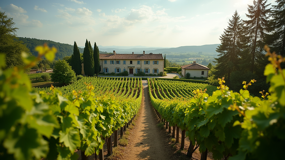 Wide angle view of a charming vineyard estate surrounded by lush greenery