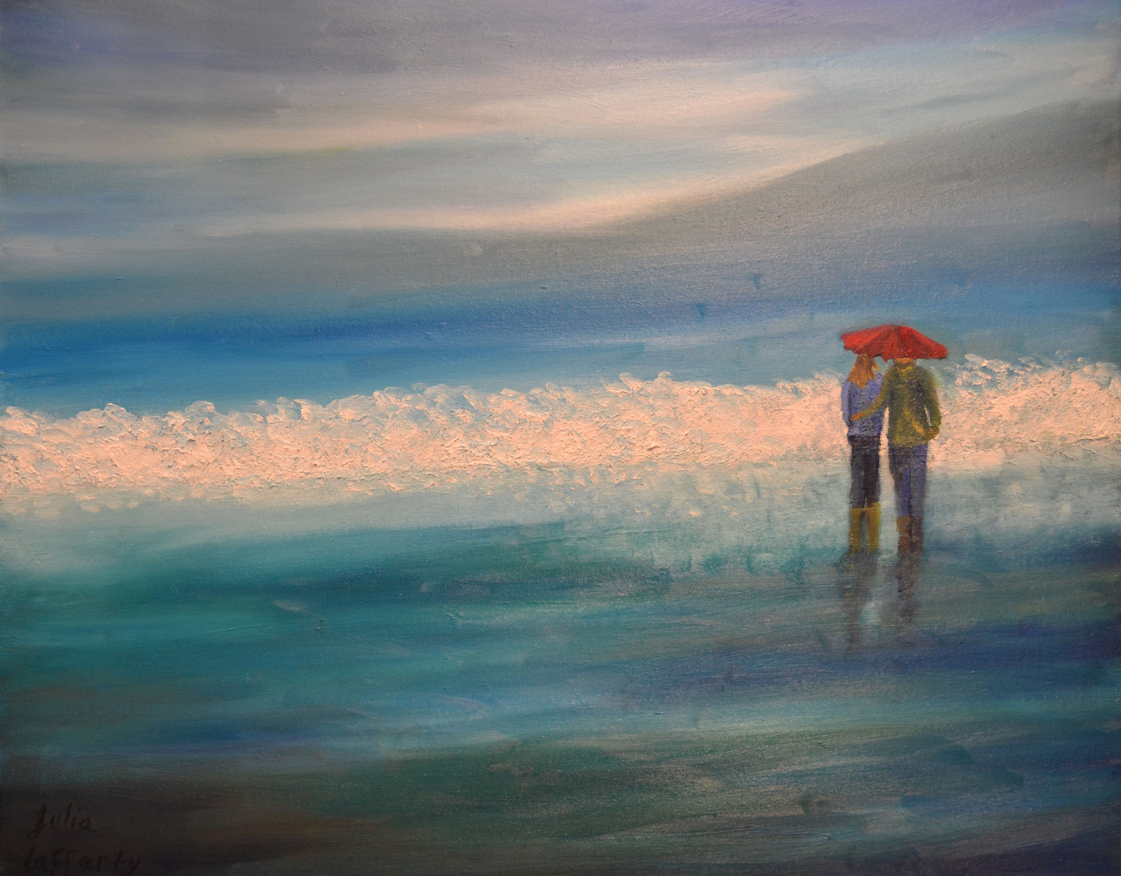 Couple in the rain on a beach in Cornwall 55x46cm oil painting