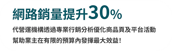 網路銷量提升30%,代營運機構透過專業行銷分析優化商品頁及平台活動幫助業主在有限的預算內發揮最大效益！