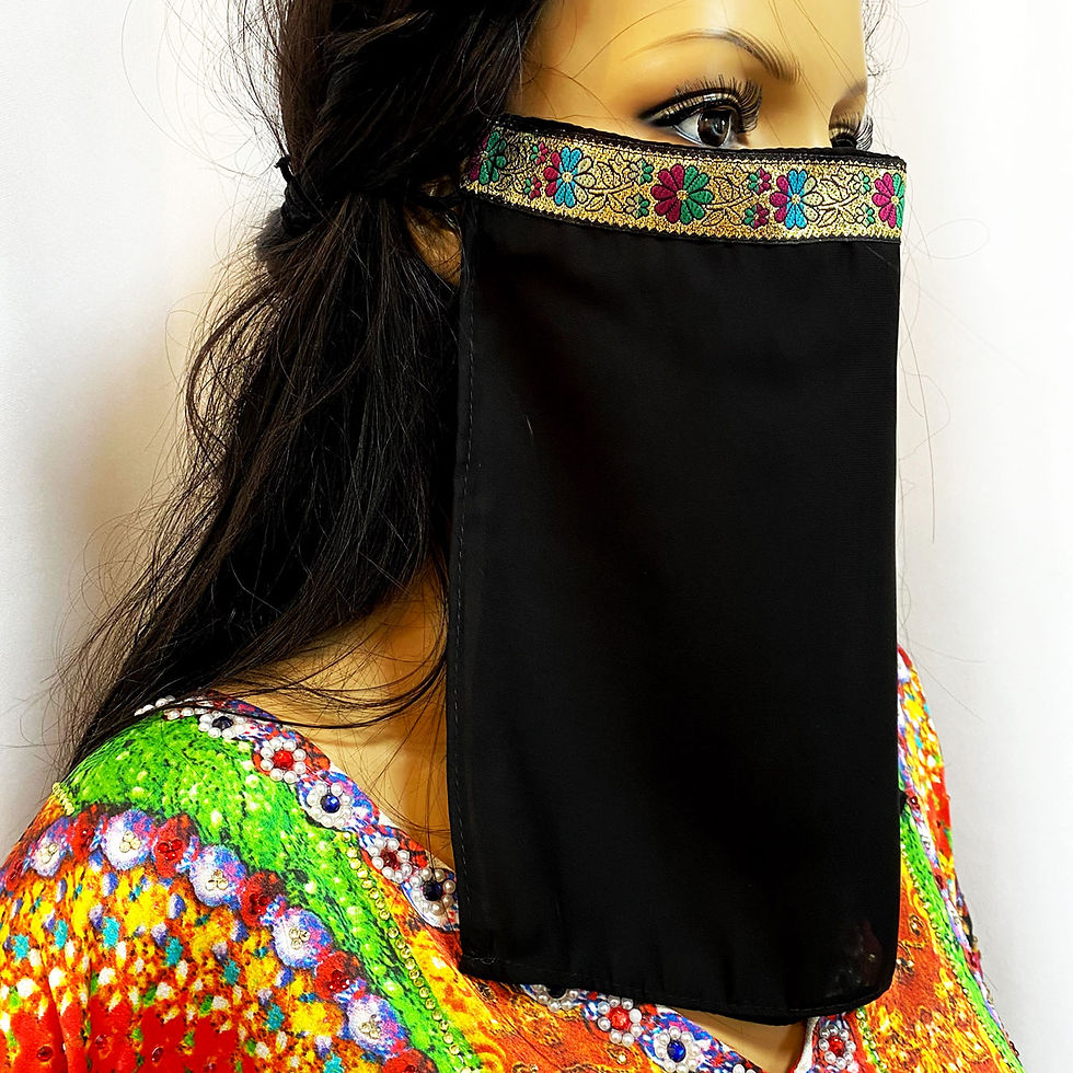 الصورة المصغرة: 送料無料！フェイスベール　face veil アラブ風マスク（シフォン　2枚重ね　洗い替え付　サテン黒）洗える！飲食しやすい・接客業にお勧め fv04