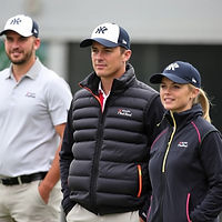 A professional team in branded uniforms, wearing polo shirt, a puffer vest, a soft shell j