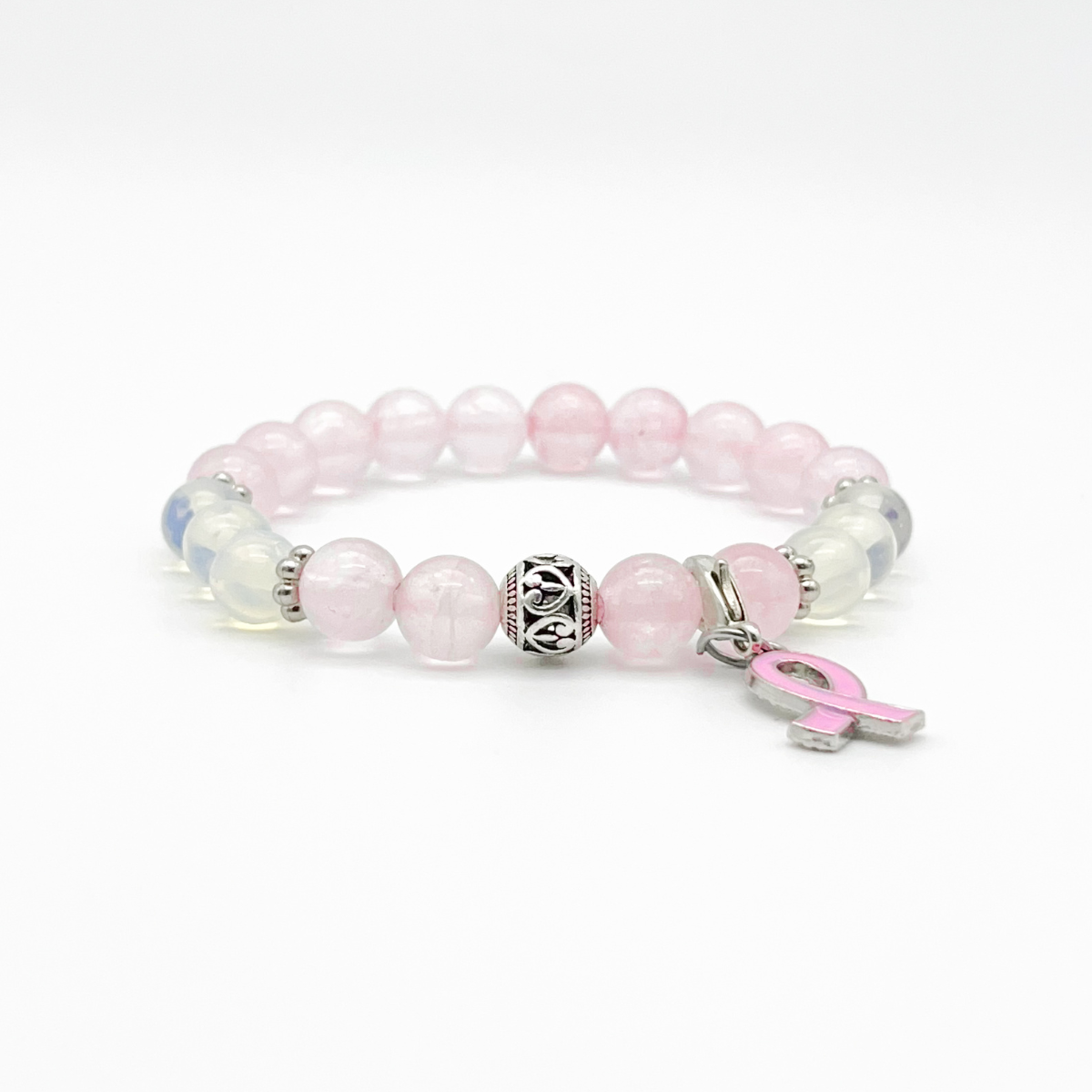 Rose Quartz & Opalite Bracelet with Pink Ribbon Charm