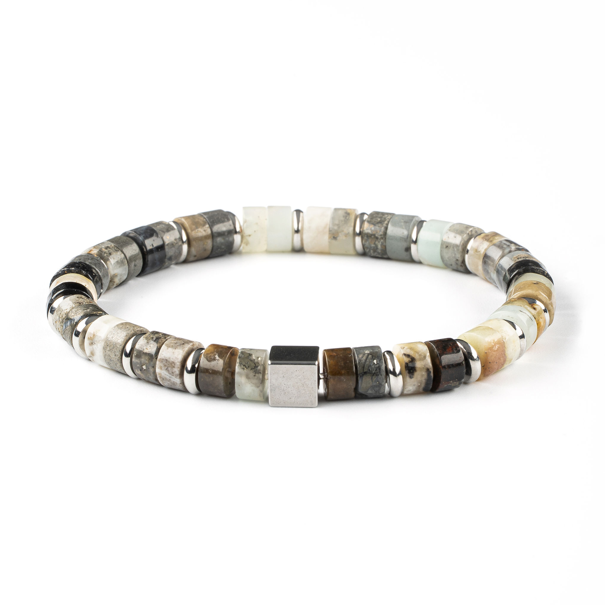 Crazy Agate Heishi Bracelet — Natural Stones with Cube Charm | Grounding