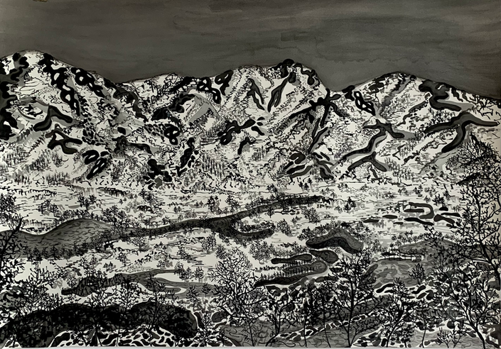 Mountains, black and white, ink painting, snow, snowy mountains 