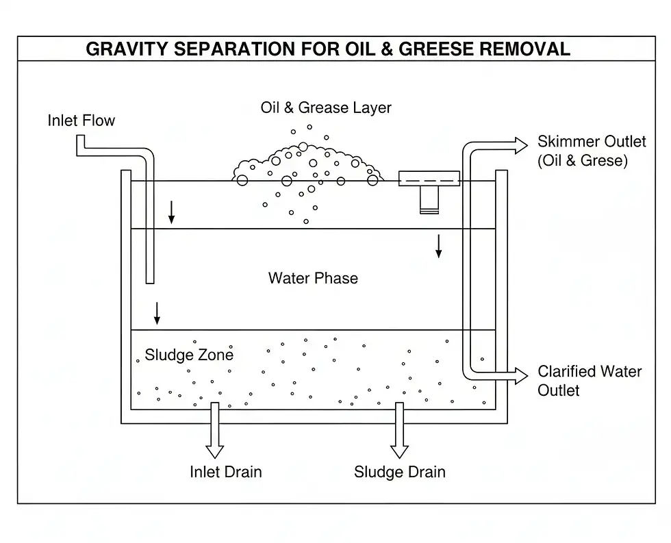 Gravity separation process showing oil and grease rising from wastewater for removal