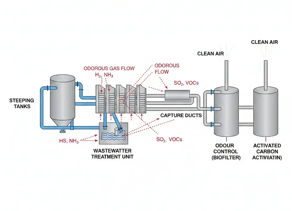 Odour generation and control flow in starch processing plant wastewater and drying areas