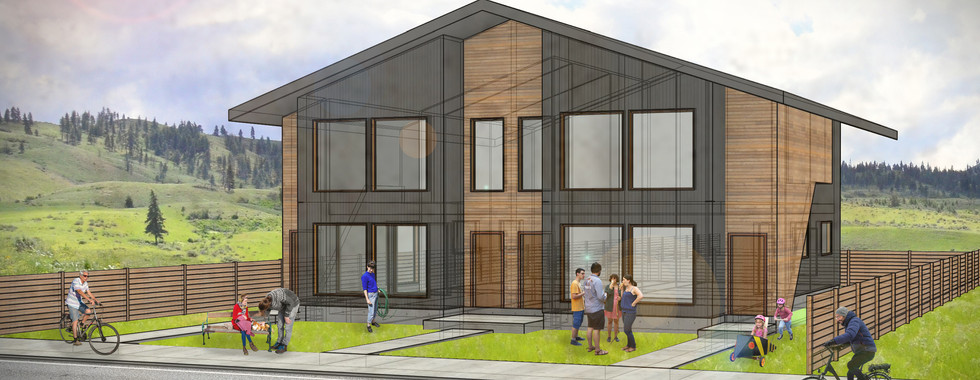 Exterior rendering of a modern fourplex style community for affordable housing by modFORM LLC.