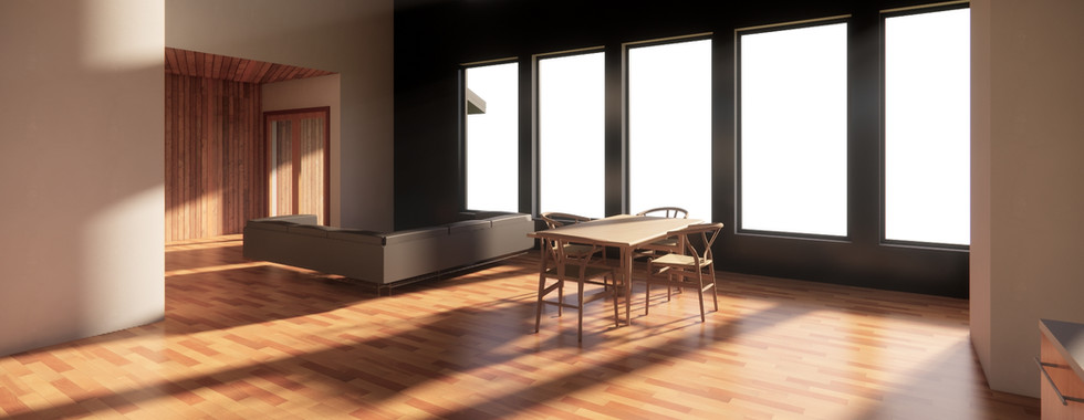 Interior window wall rendering of a modern addition of a classic mid-century home in East Wenatchee, WA by modFORM llc.