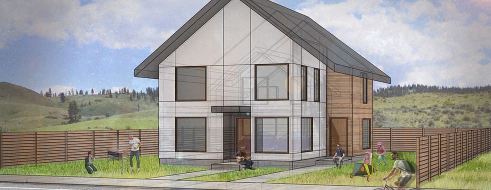 Exterior rendering of modern multi-generational style community for affordable housing by modFORM LLC.