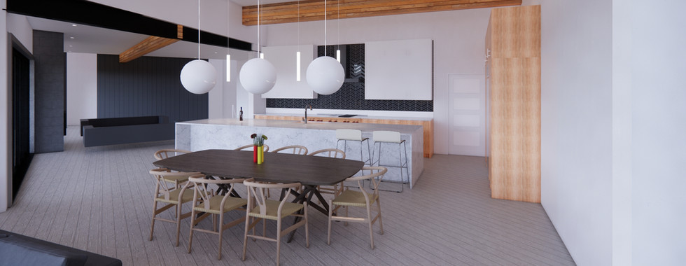Interior rendering of dining room of a mountain modern home in Chelan, WA by modFORM llc.