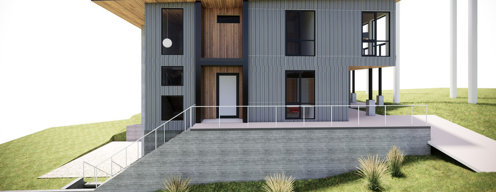 Exterior rendering of the entry of a contemporary Northwest single-family residence in Burien, WA by modFORM llc.