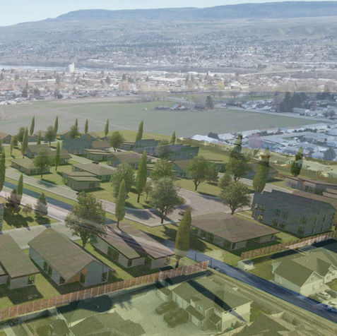 Aerial view of a modern affordable housing project in Wenatchee, WA by modFORM llc.