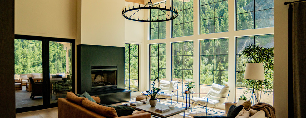 Interior living room fireplace of a mountain modern single-family home in Wenatchee, WA by modFORM llc.