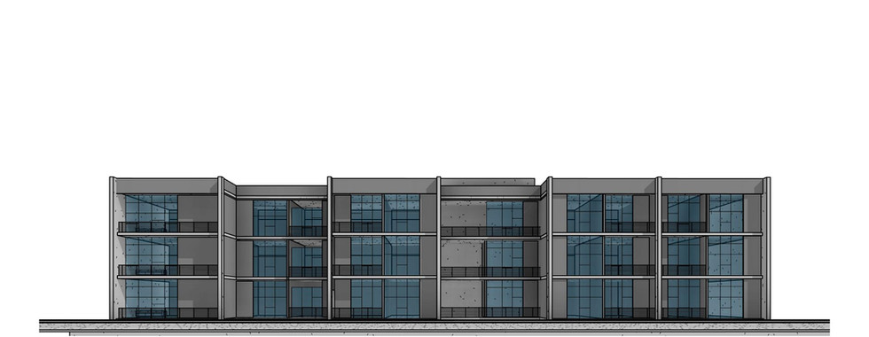 Rendering looking west of a modern live-work development with challenging topography in East Wenatchee, WA by modFORM LLC.