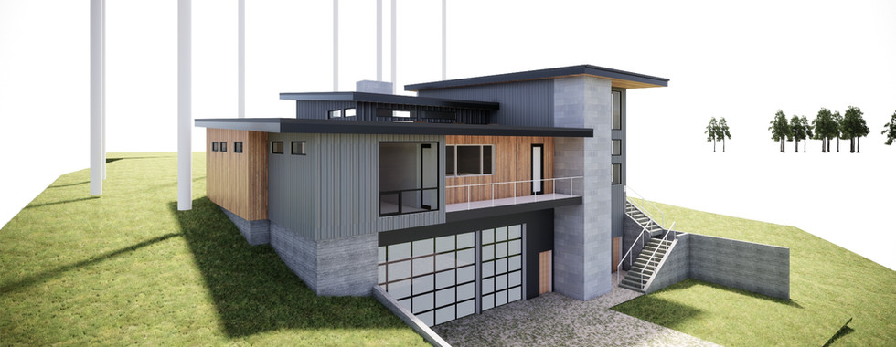 Exterior rendering of the garage side of a contemporary Northwest single-family residence in Burien, WA by modFORM llc.