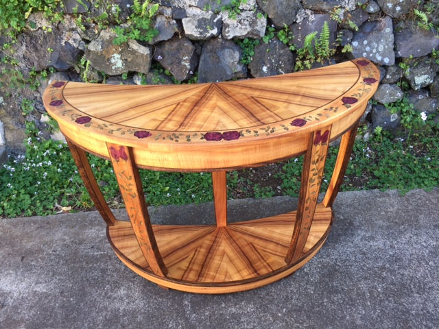 Koa Wood Custom Roses Table with marquetry flowers.