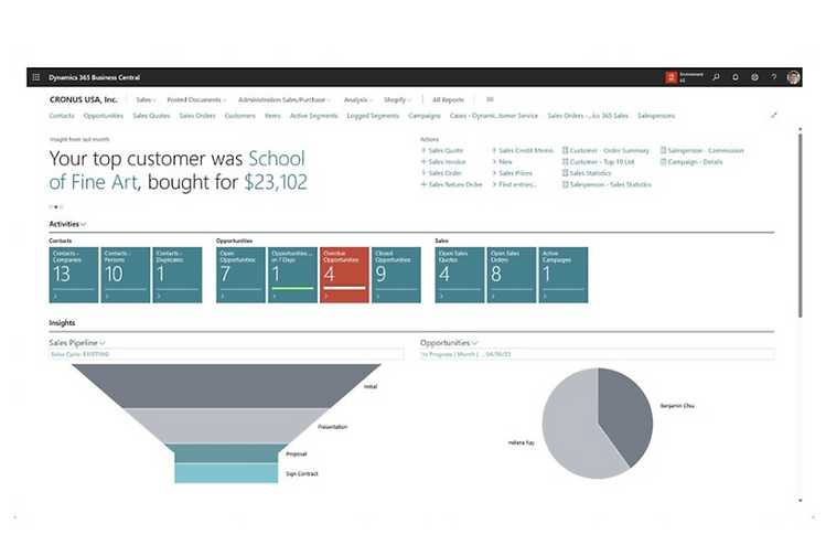D365 business Central Sale and Service management ERP software dashboard