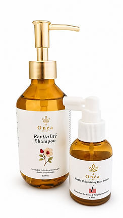 Onéa Beauty 歐尼雅健髮系列產品合照,包含賦活豐盈洗髮精與豐盈強韌養髮精華