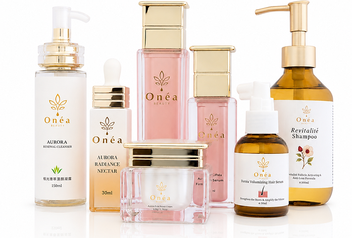 Onéa Beauty 歐尼雅全系列保養產品合照,包含極光系列臉部保養與健髮系列頭皮養護產品