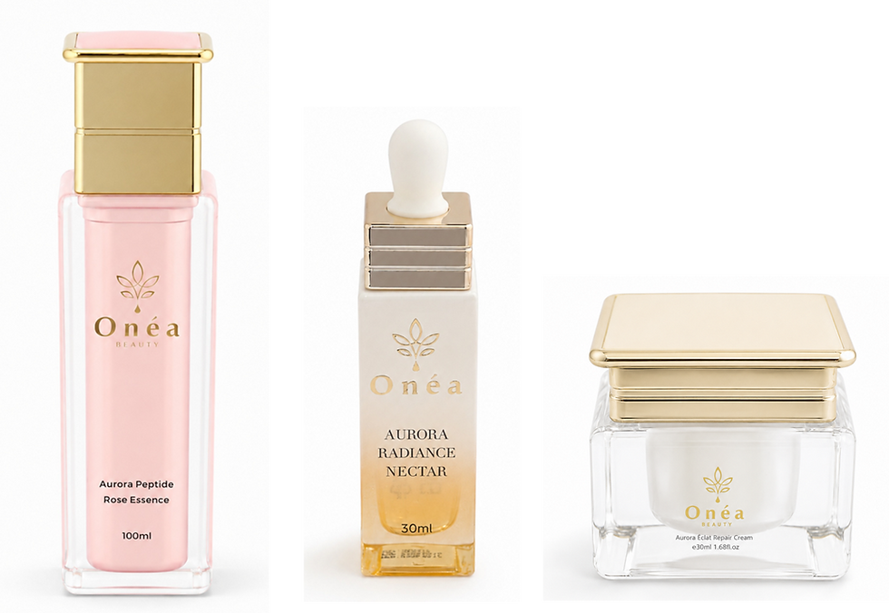 Onéa Aurora 基礎亮膚組,玫瑰晶露、亮膚蜜與淨白修護霜產品合照