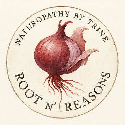 A round watercolor-style logo featuring a red onion with long, flowing red roots. Some of 