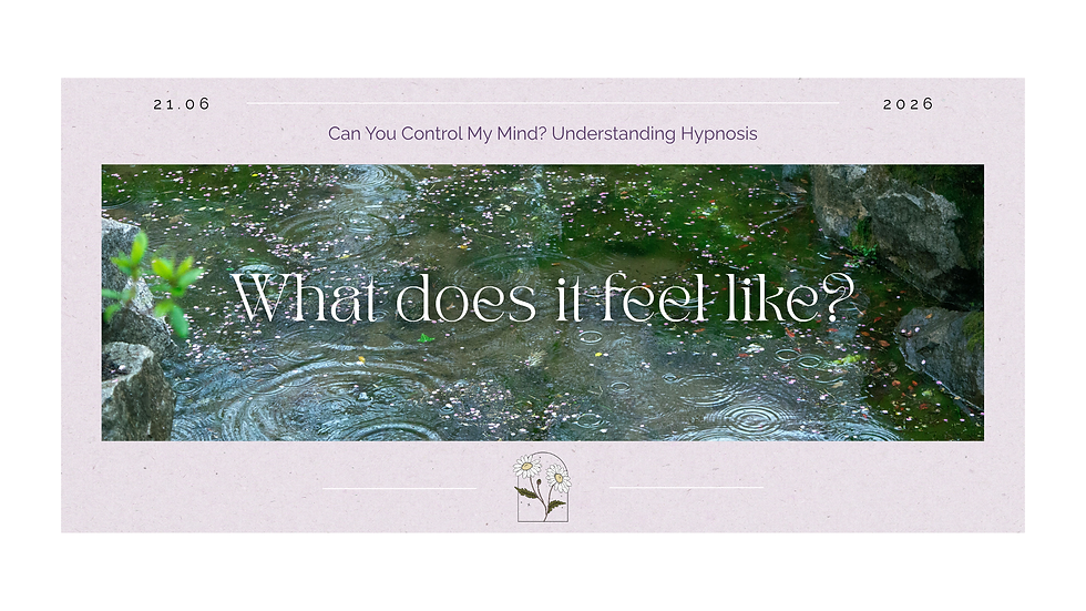 A peaceful pond with rippling rainwater, floating flower petals, and moss-covered rocks in soft natural tones. White text reads: “What does hypnosis feel like?”