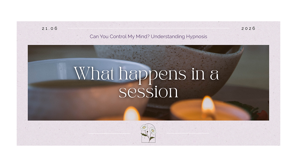 Warm candlelight beside ceramic cups in a calm wellness setting with soft earthy tones and a cozy atmosphere. White text reads: “What happens in a session.”