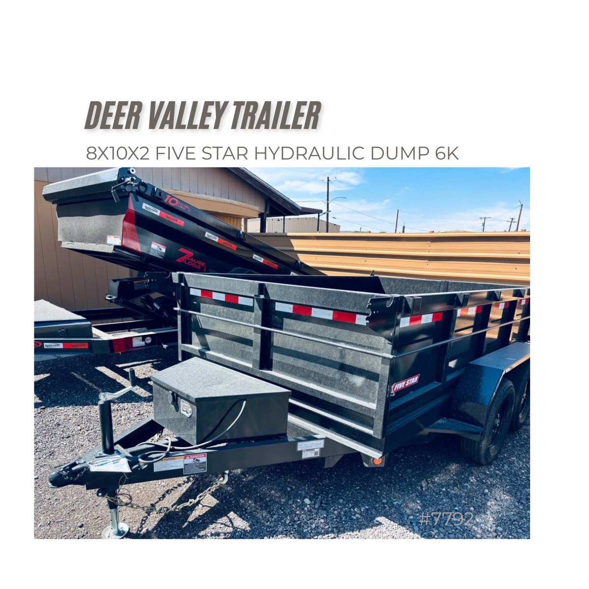 Front view of Five Star 6.5x10 heavy-duty steel dump trailer with 2-foot sides, A-frame coupler, and diamond plate fenders.