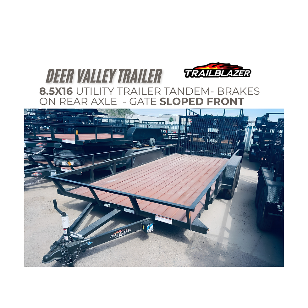 8.5x16 Trailer Factory utility trailer with sloped front rail, tandem axles and 5,990 lb GVWR
