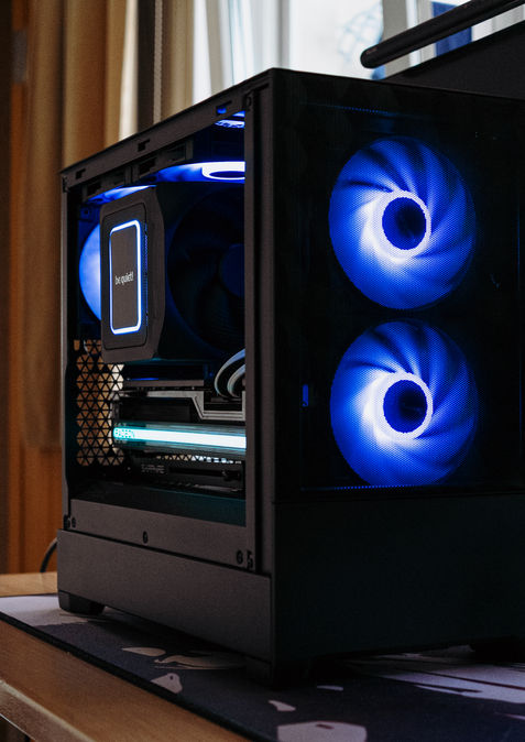 Custom PC build with blue LED fans