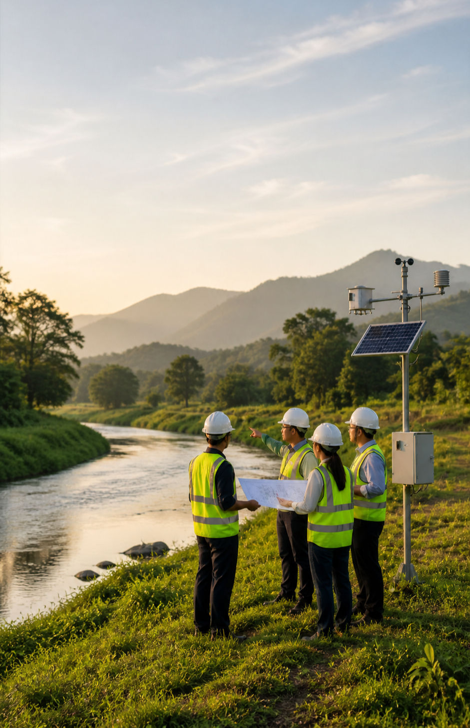 Engineers with environmental monitoring products near a river.