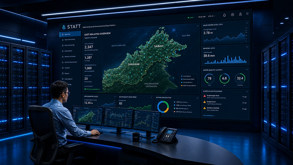 Engineer viewing environmental monitoring data on a large display