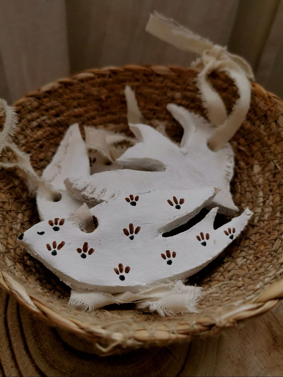 Handmade salt dough bird ornaments in white