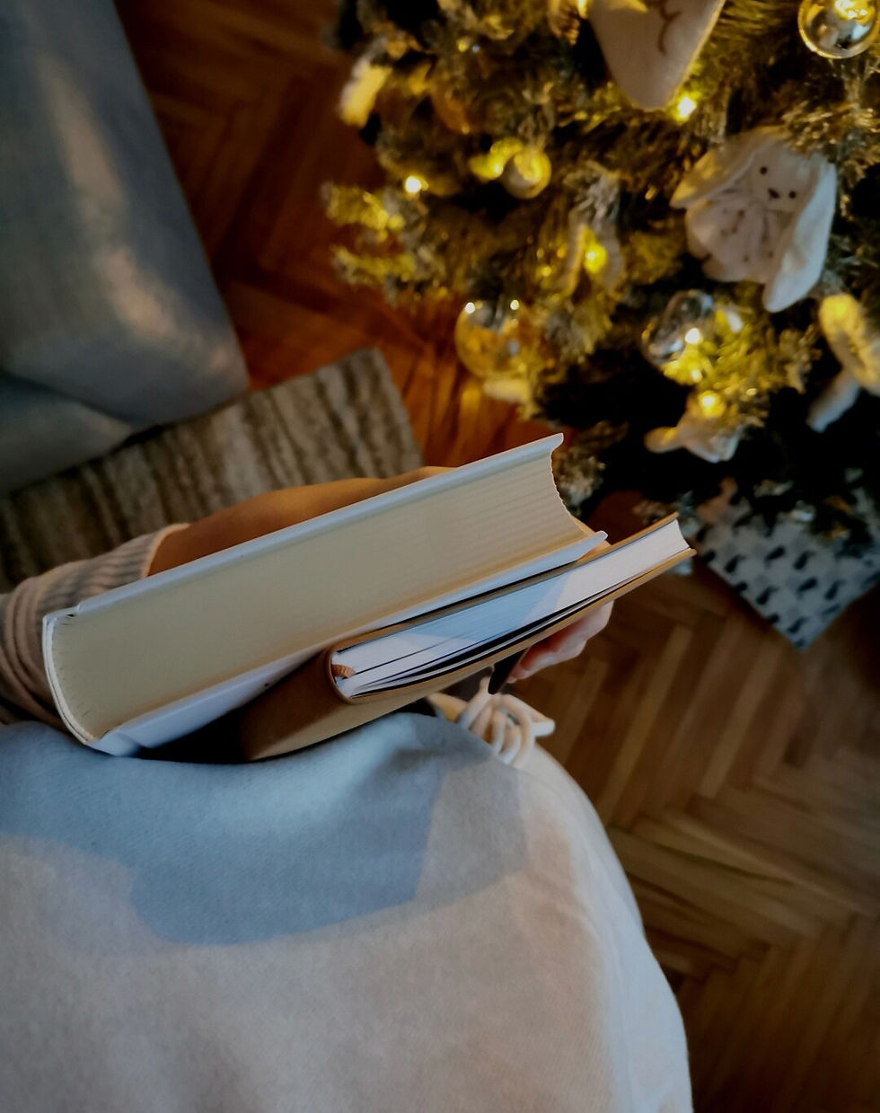 Woman hand holding book and brown journal by the Christmas tree