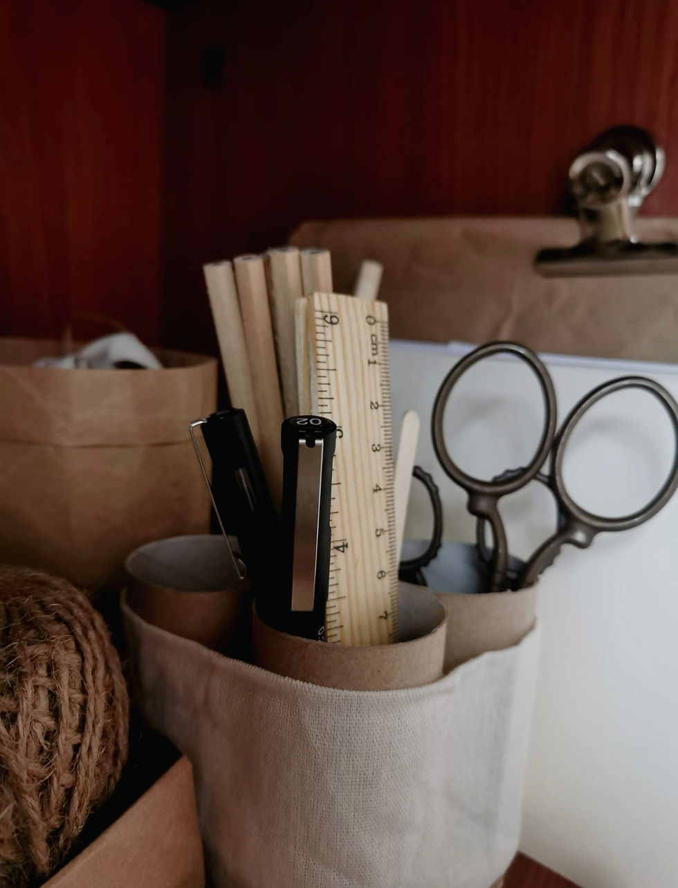 Toilet paper rolls as holders for stationery items