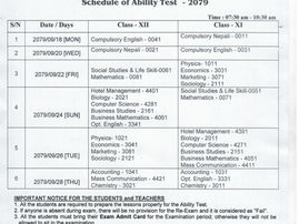 Ability Test Schedule of Grade XI & XII-2079