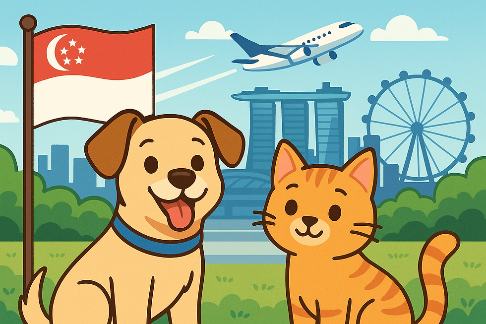 Tips for a seamless pet relocation to Singapore in 2025, featuring cheerful pets ready for their new adventure against the iconic Singapore skyline.