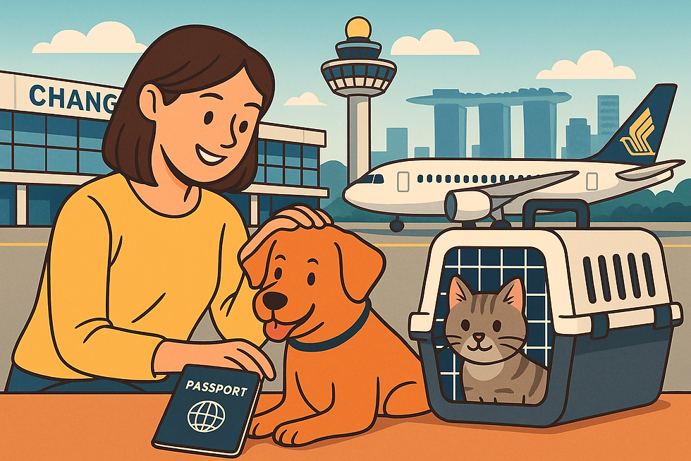 Navigating Pet Travel: A woman prepares her dog and cat for an international journey at Singapore's Changi Airport, ensuring a smooth and stress-free experience for her furry companions.