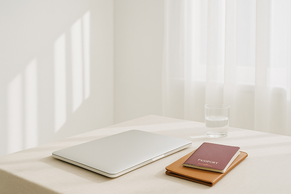 Banner mostrando Una laptop cerrada sobre una mesa con pasaporte, sol suave entrando por la ventana