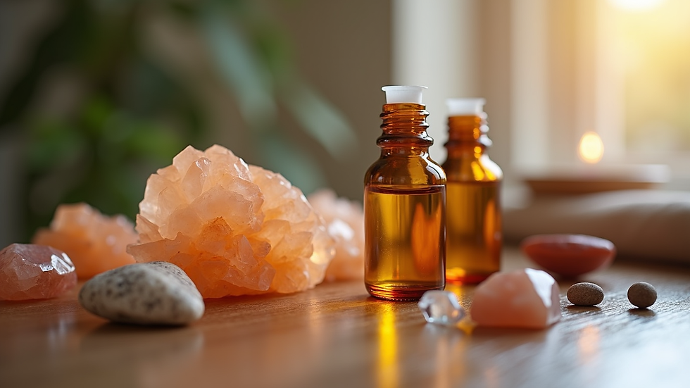 Close-up view of crystals and essential oils used in chakra massage therapy