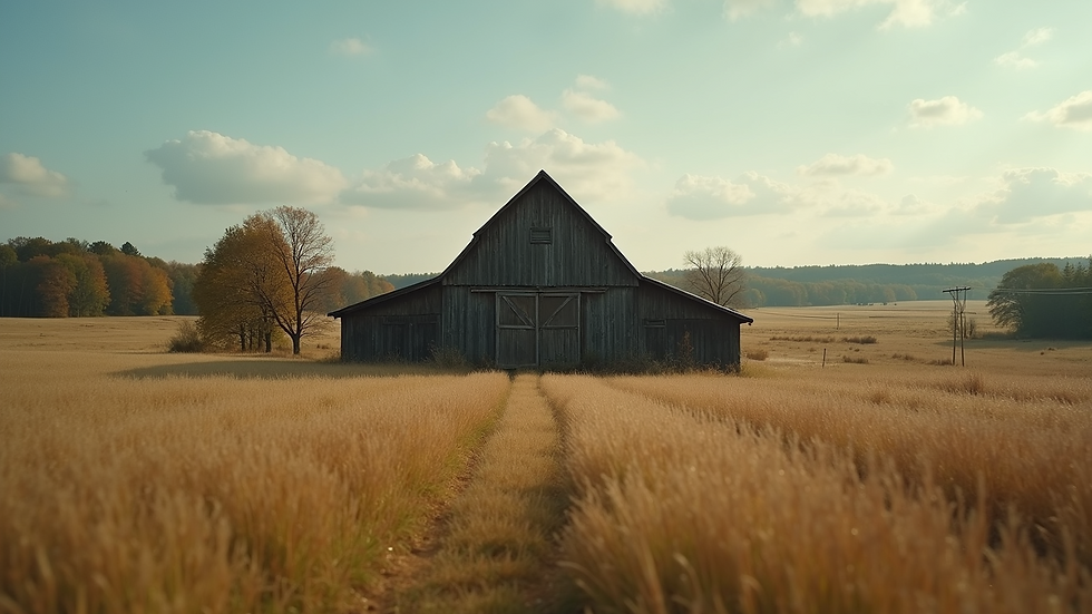 Eye-level view of a rustic barn in a rural landscape